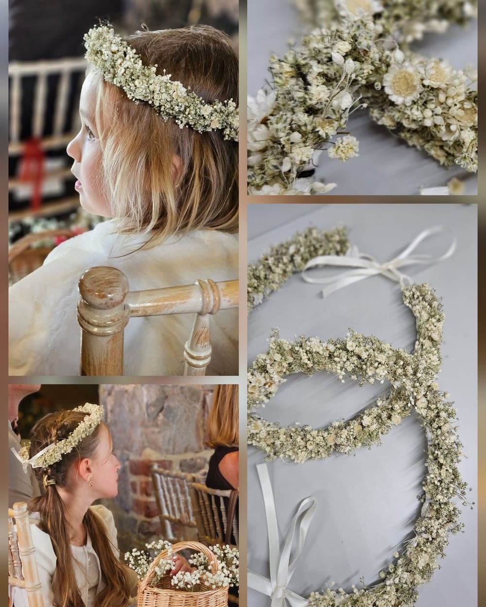 Couronnes de tête en fleurs séchées crème portées par des petites filles d’honneur lors d’un mariage